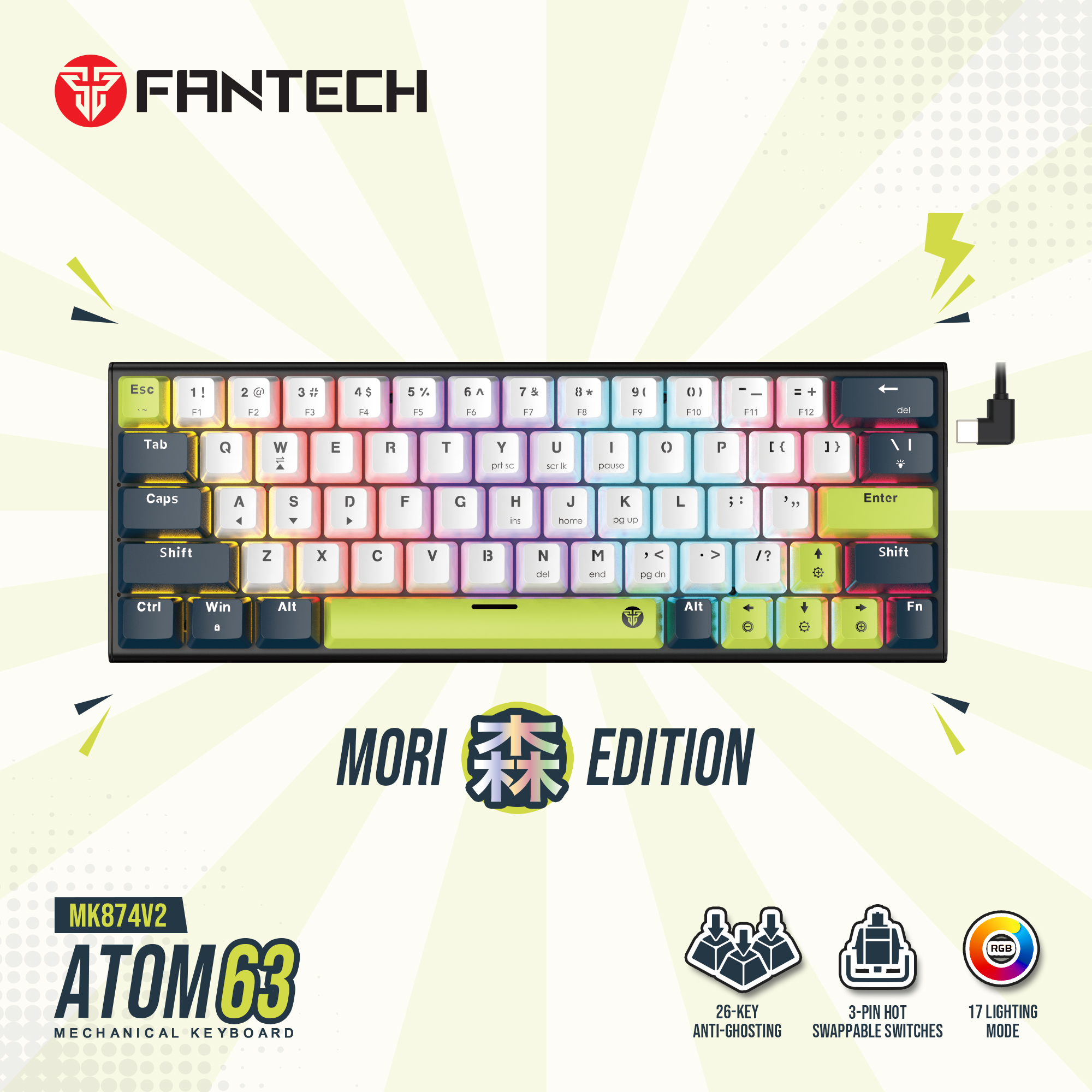 Teclado Fantech MK874V2 ATOM63 MORI White (Switch Red)