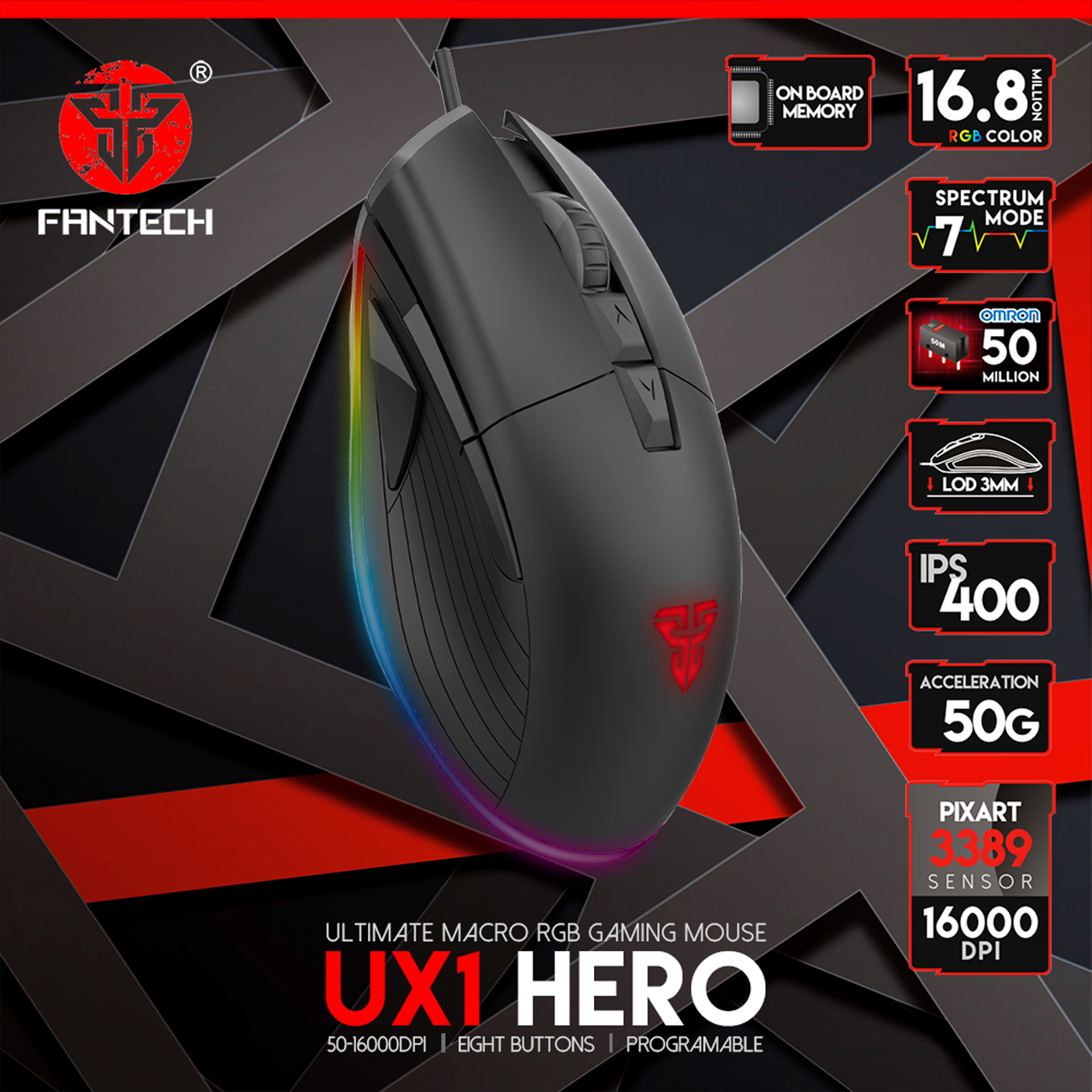 Mouse Gamer Fantech Hero UX1 RGB Negro